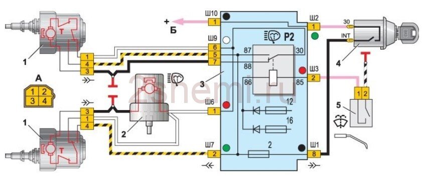 Очистители и омыватели фар ВАЗ , схема подключения