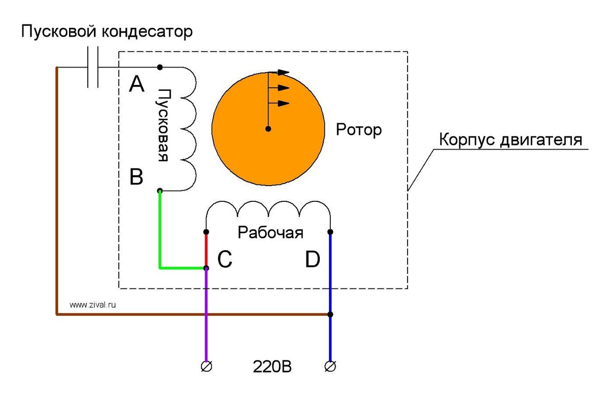 Подключение электродвигателя 220в через конденсатор 4 провода Однофазный двигатель насоса. Разбираем понятие... Все о насосах и даже больше! Д