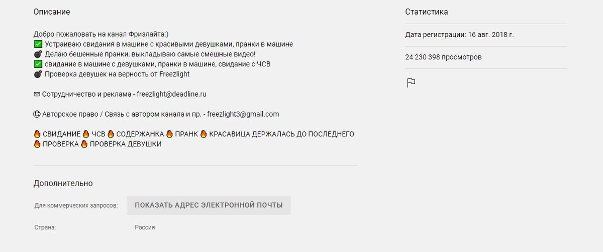 Вкладка "О канале". 