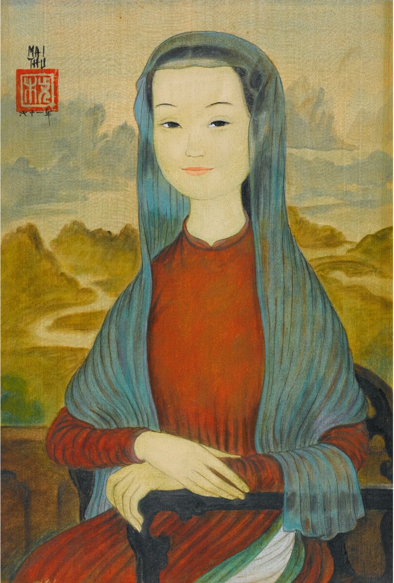 Mai Trung Thu (1906-1980).  Мона Лиза. 1950-е гг. Чернила и гуашь на шелке. Продана за 137,5 тыс. гонконгских долларов (ок.1,3 млн. руб.).