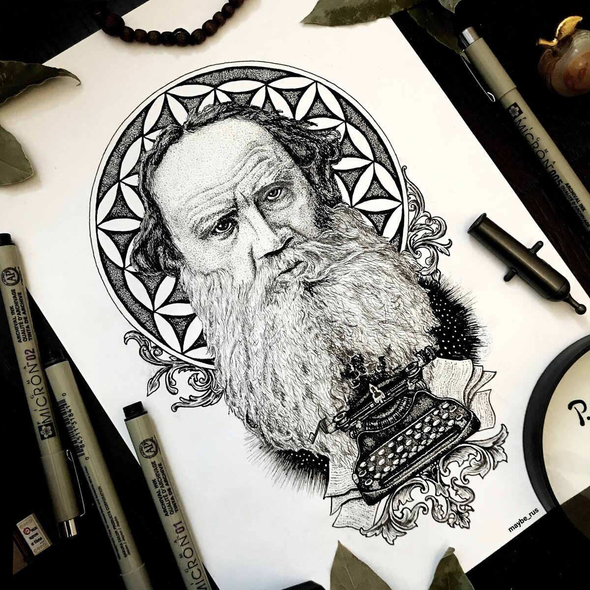 Лев Николаевич Толстой, нарисованный линерами Sakura Pigma Micron.