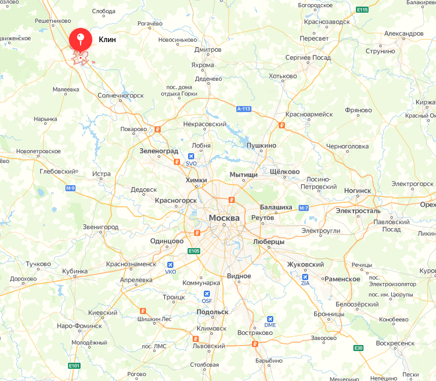 Расположение города Клин на карте