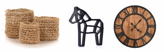Джутовые корзины, деревянная лошадка и часы