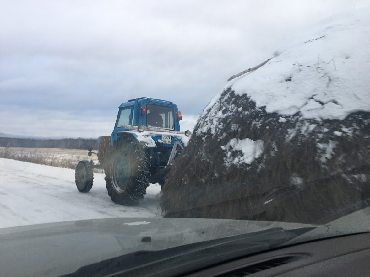Это синий трактор везет стог сена