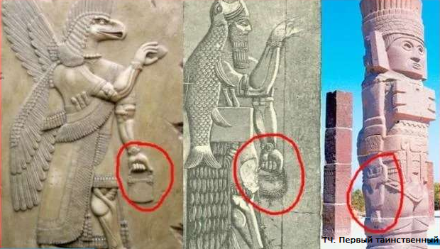 На фотографии шумерский барельеф и статуя находящаяся неподалеку