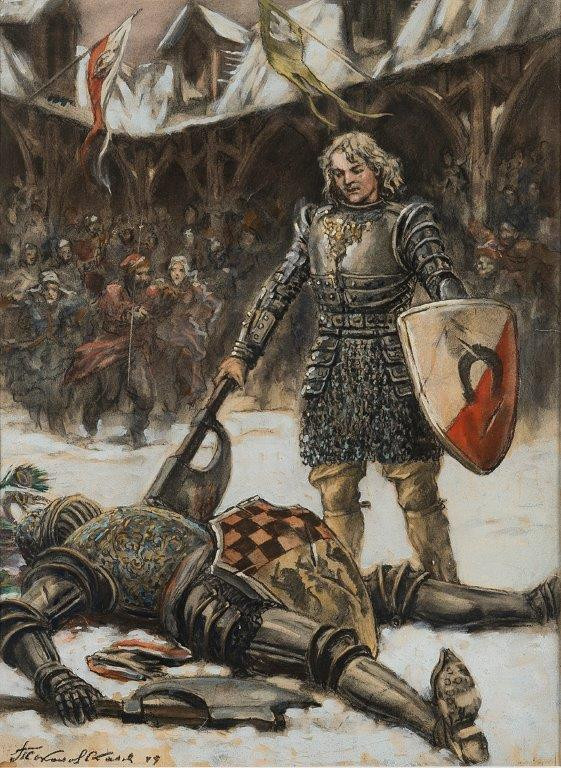 "Вот это мастер рубить секирой!" Так П. Соколов-Скаля изобразил финал божьего суда между Збышко и Ротгером в романе Г. Сенкевича "Крестоносцы".