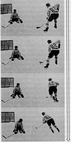 Длинная обводка применяется при относительно свободном игровом пространстве, когда хоккеист, имея преимущество в скорости, объезжает соперника сбоку по большой дуге, прикрывая от него шайбу туловищем. Этот вид обводки основан на рациональном использовании скорости передвижения на коньках, широкого ведеКороткая обводка применяется для обыгрывания противника на ограниченном пространстве для обострения атаки и создания голевой ситуации у ворот противника. Она осуществляется на основе скоростного маневра (преимущественно бега короткими шагами), короткого ведения и комплекса обманных действий.
Короткая обводка применяется для обыгрывания противника на ограниченном пространстве для обострения атаки и создания голевой ситуации у ворот противника. Она осуществляется на основе скоростного маневра (преимущественно бега короткими шагами), короткого ведения и комплекса обманных действий. При выполнении короткой обводки хоккеист сближается с соперником, резко набирает скорость бега, выполняя короткое ведение. Сблизившись до игрового расстояния 3 — 4м, хоккеист выполняет обманное действие и обыгрывает соперника.
Силовая обводка — это вариант короткой обводки с использованием силового единоборства. Сближаясь с противником и выполняя короткое ведение с финтами, хоккеист принимает более устойчивое положение (туловище несколько наклонено вперед, ноги согнуты в коленях и расставлены шире плеч) и умышленно навязывает противнику силовое единоборство, загораживая шайбу клюшкой, ногой, туловищем. Владея инициативой, имея преимущество в скорости и рационально используя массу тела, хоккеист, как правило, выходит победителем.
Эффективность обводки во многом определяется уровнем владения обманными действиями — финтами. Финт — это комплекс различных движений головой, туловищем, ногами, клюшкой, направленных на то, чтобы обмануть противника и выиграть поединок в игровом эпизоде.
Любой финт состоит из двух фаз движений — ложной и истинной. Задача первой фазы — заставить противника поверить в правдивость первого движения и среагировать на него, второй — быстро выполнить истинное движение в противоположную сторону и освободиться от опеки противника. Эффективность выполнения финта зависит от естественности выполнения первой фазы движений и быстроты второй. Финты применяются игроками, владеющими и не владеющими шайбой.
Финт клюшкой на бросок и передачу .
