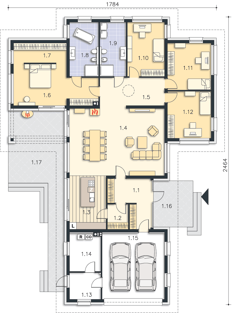 Схема проекта одноэтажного дома с гаражом на две машины