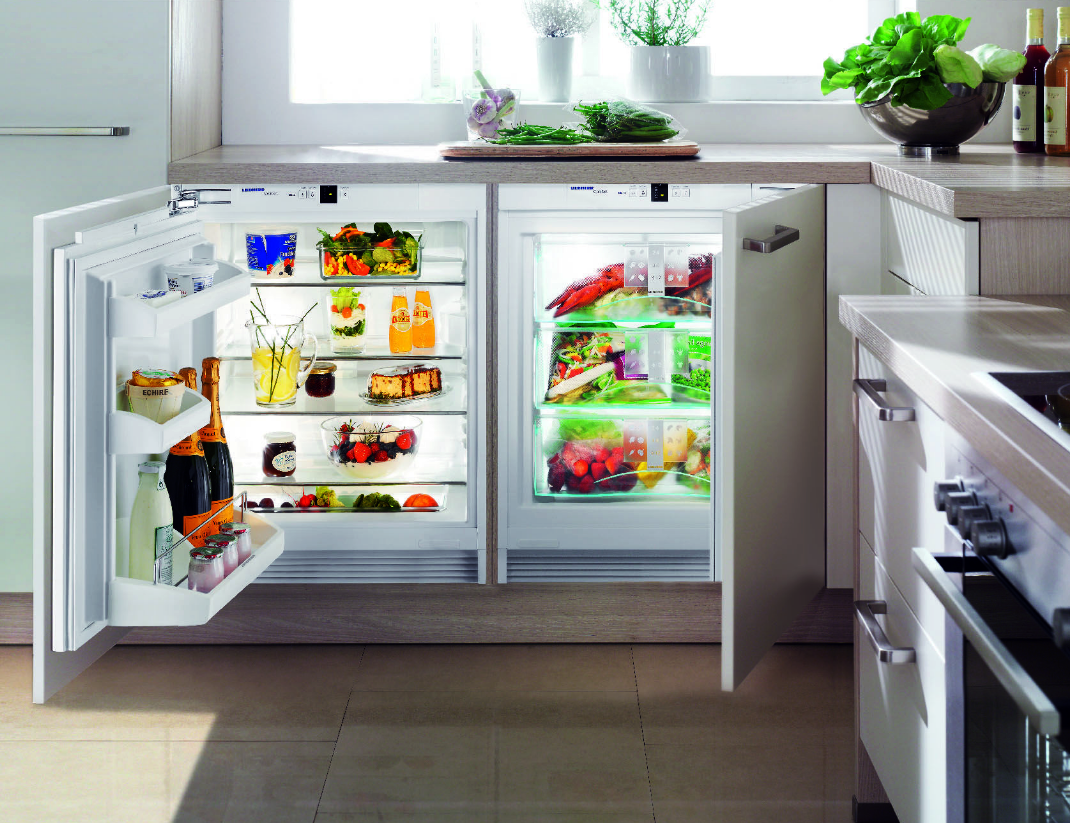 Мини-холодильник и морозильная камера, встроенные в кухонный шкаф