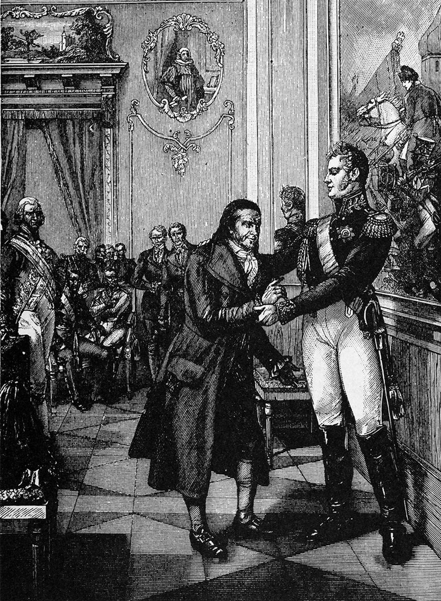 Встреча Песталоцци с Александром I в 1814 году. Старинная гравюра