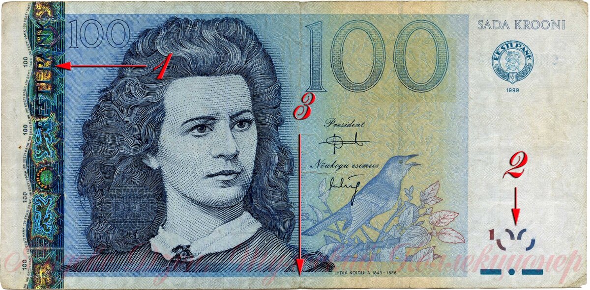 100 эстонских крон, серия 1999 г. Длина купюры: 140 мм. х 68 мм.
