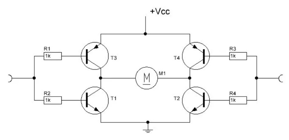 Управление мостовой схемой. H мост на биполярных транзисторах. Мостовая схема включения двигателя постоянного тока. Мостовая схема на биполярных транзисторах. Транзисторный мост на биполярных транзисторах.