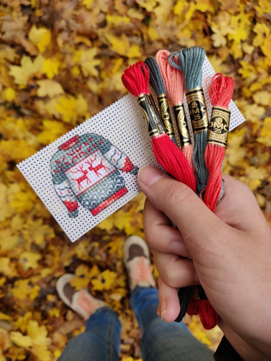 Процесс вышивки схемы - готова передняя часть свитера