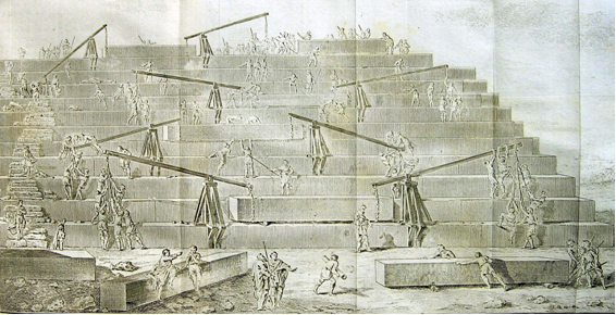 Реконструкция процесса строительства пирамид по Геродоту (гравюра XVIII в). Источник https://commons.wikimedia.org/wiki/File:Gravure-herodote.jpg