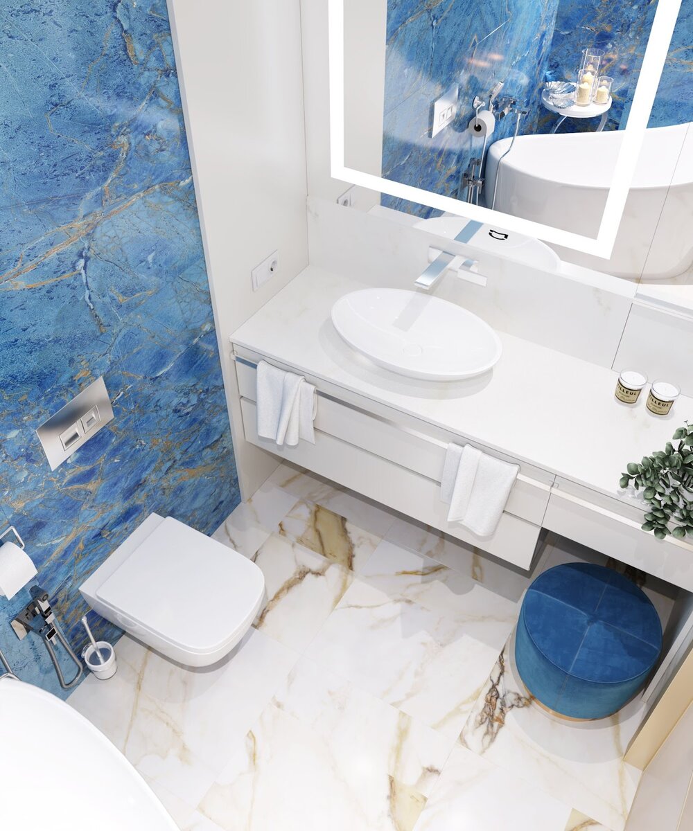 Яркая акцентная стена становится доминантой в интерьере санузла и позволяет создать притягательный акварельный образ