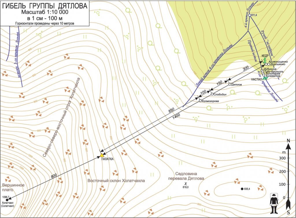 По линиям горизонталей склона хорошо видно,  что  Вершинное плато Холат-Сяхыл  и его северо-восточный отрог формируют хребет, который является подветренной стороной где установлена платка Дятлова.    