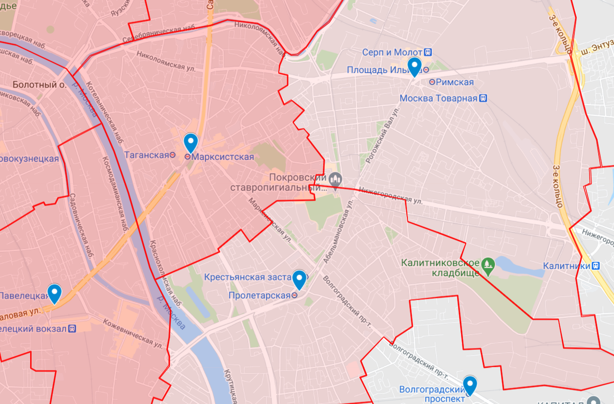 А вот так это выглядит вблизи. Красным отмечены предварительные территории с центральными характеристиками