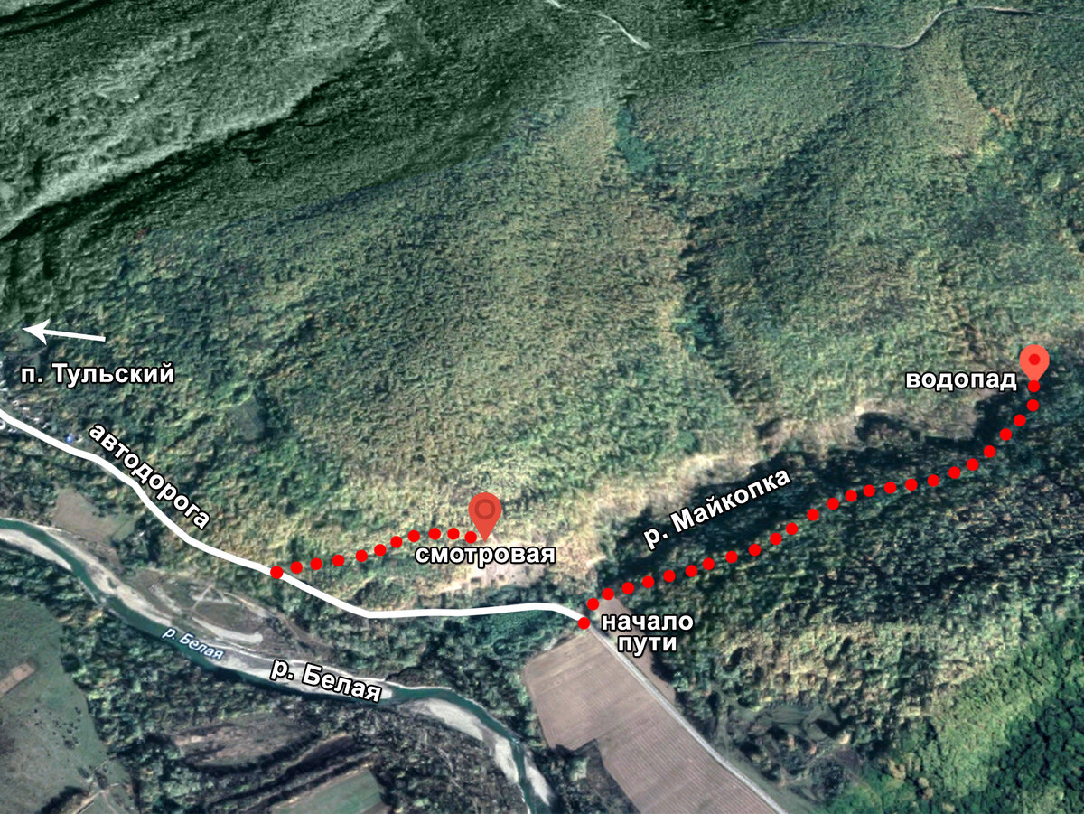 Схема пути к водопаду реки Майкопка. Скрин Гугл.Карты.