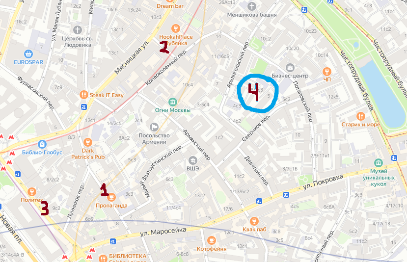 Переулки между Мясницкой и Покровкой. 1- Большой Златоустинский переулок, 2 - Банковский переулок, 3 - Лубянский проезд, 4 - место древнего "Поганого пруда" (предположительно) 