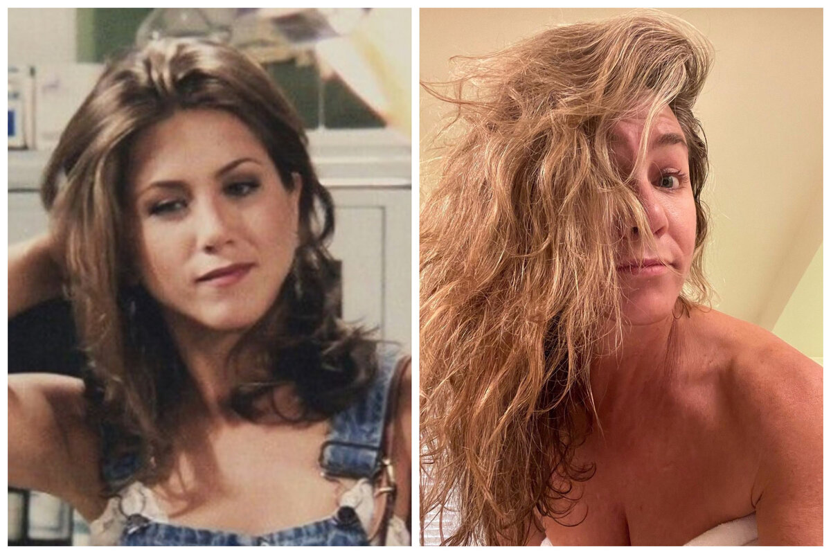 Слева — такой мы увидели Дженнифер Энистон в первом сезоне сериала «Друзья» (1994 год). Справа — последнее фото из Инстаграма актрисы (снимок опубликован в январе 2022 года)