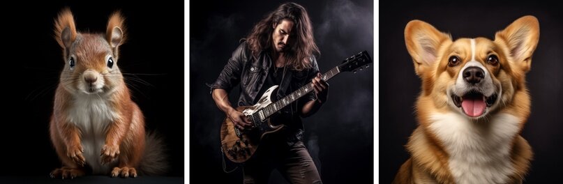 studio photo of a rock musician with guitar (squirrel, corgi), Medium Shot