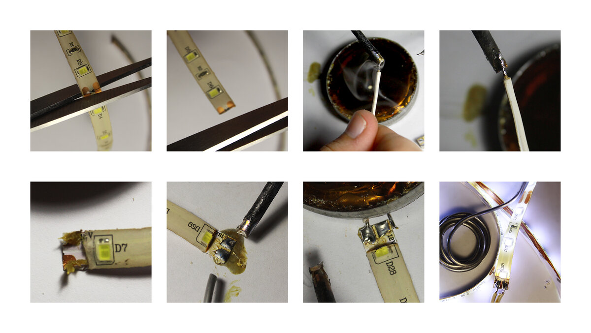 Как обрезать ленту и припаять к ней провода, полную инструкцию вы найдете по ссылкам выше.