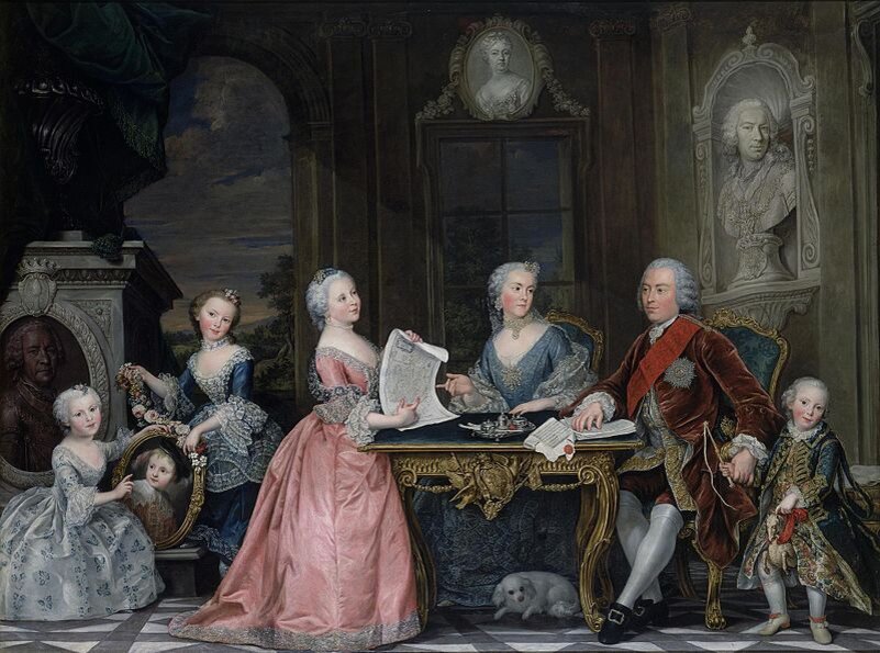 Граф Пётр Григорьевич Чернышёв с семьёй, Давид Людерс, 1750-е. (сс) Wikmedia Commons. Маленькая Наталья - крайняя слева