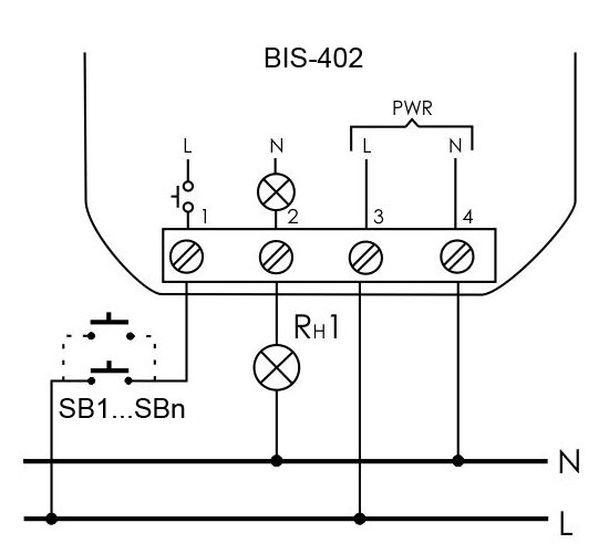 Схема подключения импульсного реле bis 411 BIS-412i Бистабильное реле груповий, на DIN-рейку, з реле inrush 160A/20ms