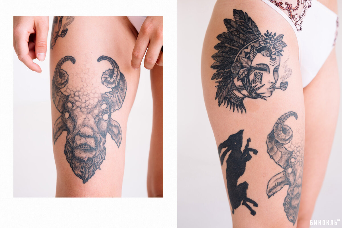 Вторая моя татуировка выполнена в этническом стиле, она символ моего образа жизни: растительного питания (больше десяти лет вегетарианства). Эта тату — отметка моей гармонии с природой.Последняя из татуировок — убитый заяц — нарочно выполнена в «грязном» стиле. Вдохновили меня на эскиз ребята из музыкальной панк-группы «Fall Of Efrafa»: для них, как и для меня, один из волнующих вопросов этики — убийства животных.