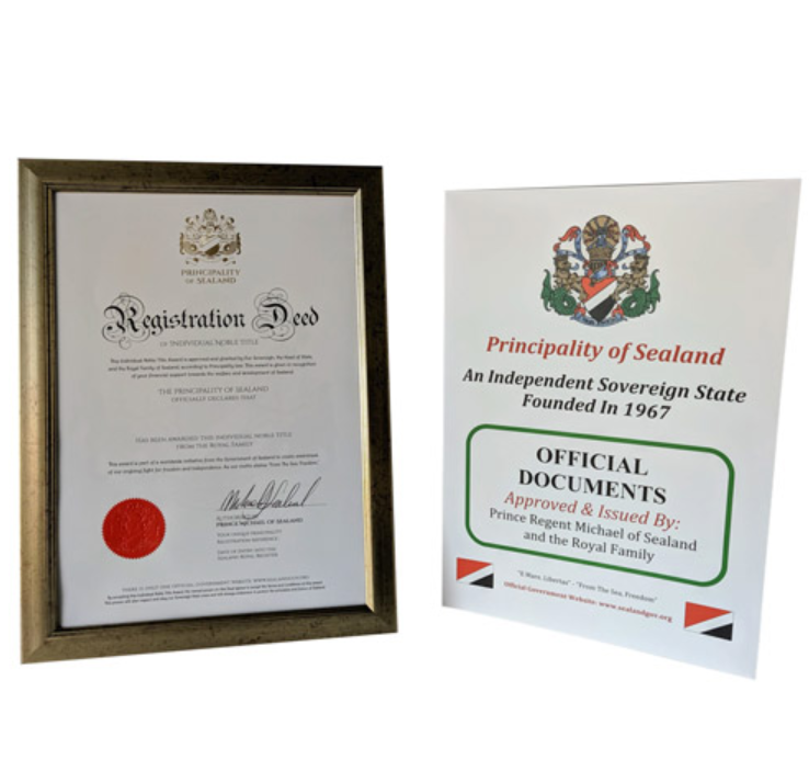 Документ, подтверждающий владение титулом барона/баронессы княжества Силенд. Цена - 44 доллара 99 центов. (по текущему курсу - 2 тысячи 785 рублей). Картинка взята: https://www.sealandgov.org/shop/become-a-lord-lady-baron-or-baroness/