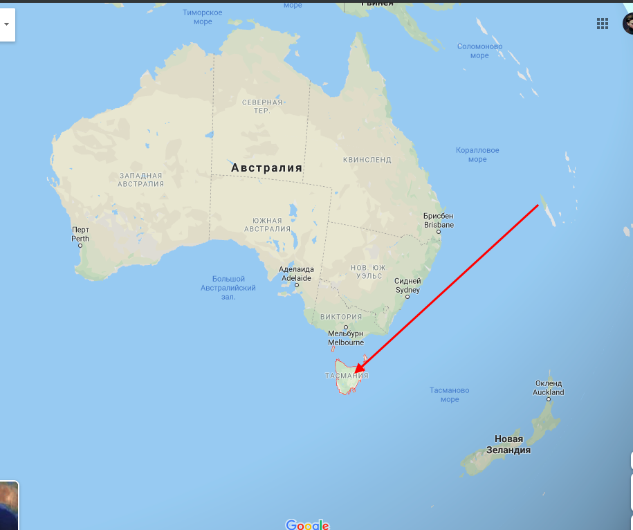 Где находится тасманово море на контурной карте
