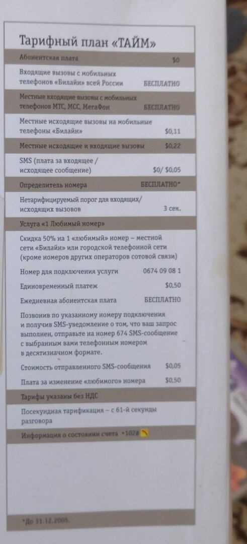 мой тарифный план на 2005 год