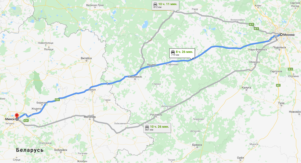 Из маршрута очевидно, что Минское шоссе с расстоянием от Москвы до Минска в  719км имеет преимущество