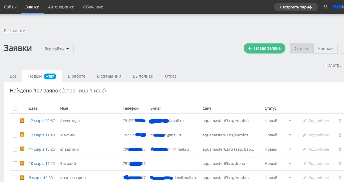 Заявки с моего рабочего сайта, который я создал сам .