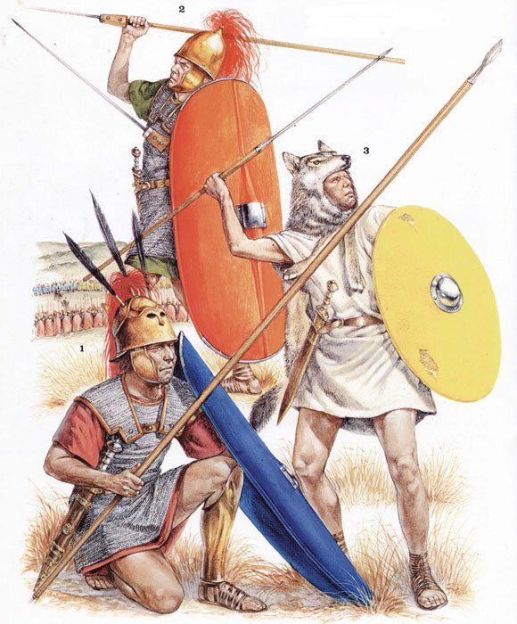 1. Римский триарий Этот рисунок воссоздан по фигурам с алтаря Агенобарба и монумента Эимлия Пауллюса, воздвигнутого в Дельфах в ознаменование победы под Пидной (168 г. до н.э.). Нам известно, что до пунических войн римские легионеры носили на груди небольшие металлические пластины, которые продолжали использоваться и во времена Полибия. Но уже к началу 1-й пунической войны все легионеры за исключением велитов получили кольчуги. По свидетельству того же Полибия, на левой ноге легионеры носили нож.

2. Римский гастат
Кольчужное оплечье, надеваемое поверх кольчуги, имело кожаное основание, которое придавало конструкции форму. Оплечье по форме походило на букву U. Сзади оплечье жестко крепилось к кольчуге, а свисающие вперед концы соединялись с помощью ремня. По конструкции римская кольчуга несомненно походила на греческий холщовый панцирь. Масса кольчуги составляла 20-25 фунтов (в римском фунте 327,5 г.). Шлем типа Монтефортино выпускался в Риме серийно и был довольно низкого качества. Пилум изображен по уцелевшим до нас образцам. Место стыка наконечника с древком усилено накладкой, которая дополнительно уравновешивает копье.

3. Римский велит
Легкую пехоту комплектовали из беднейших римских граждан. Велиты не имели никаких доспехов, полагаясь только на щит и свою увертливость. Некоторые велиты могли иметь простейший шлем из кожи или бронзы. Дротик имеет длину около 1,7 м.