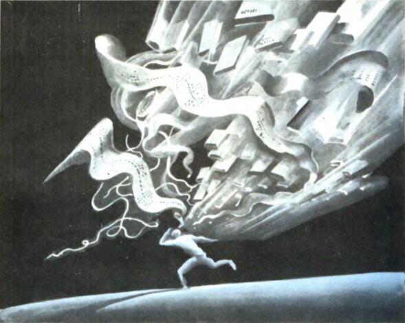 Информационный взрыв. Художник Д. Плаксин. Из книги "Одиноки ли мы во Вселенной?" П. Клушанцев, "Детская литература", 1981 г.