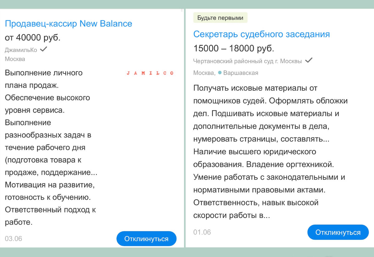 Скриншоты из сайта hh.ru