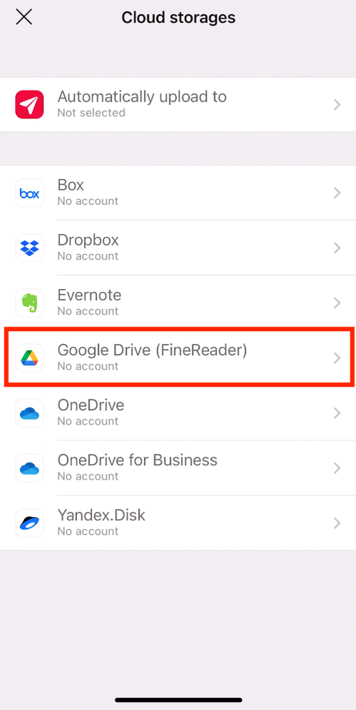 Выберите пункт «Облачные сервисы» и нажмите «Google Drive (FineReader)»
