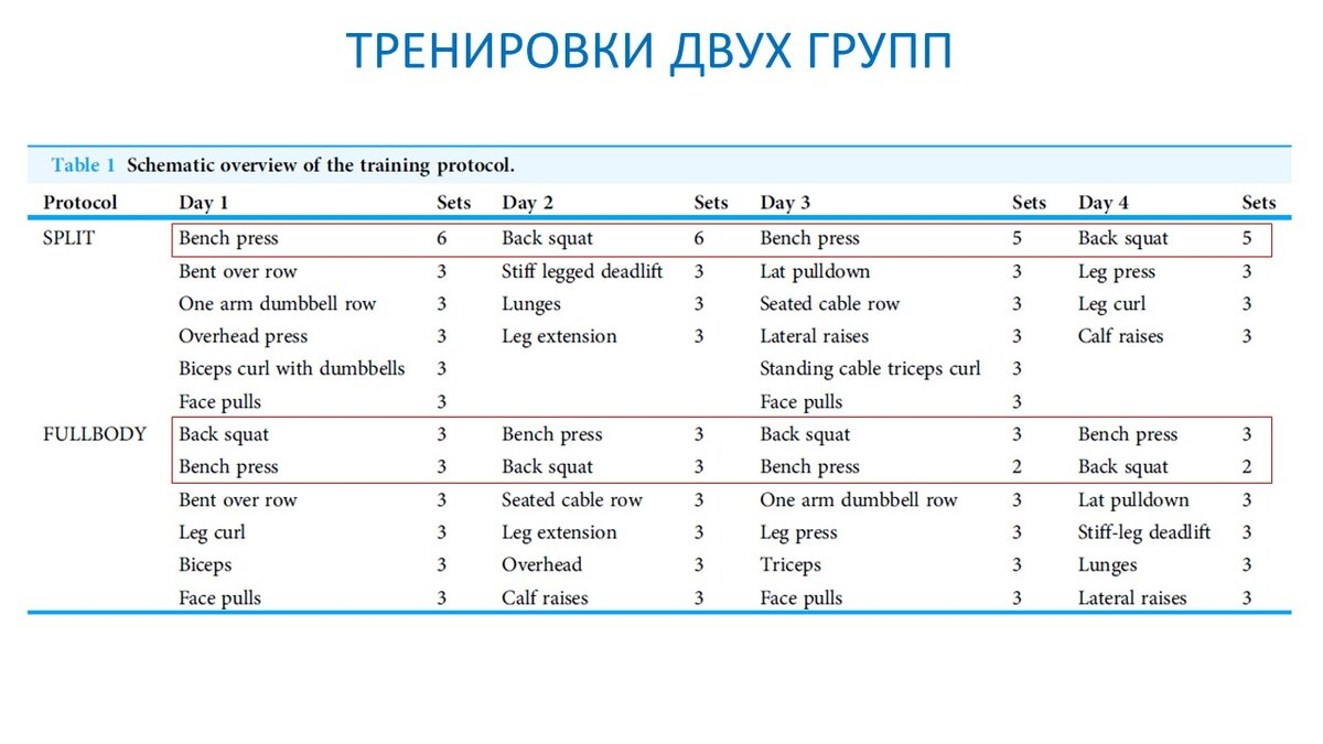 Рисунок 1. Программы тренировок для двух групп.