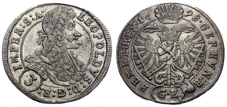 Император Священной Римской Империи Леопольд Первый на монете в 3 крейцера 1698 года