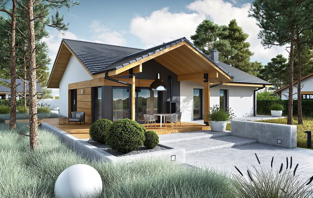 Дизайн одноэтажного дома с террасой в современном стиле