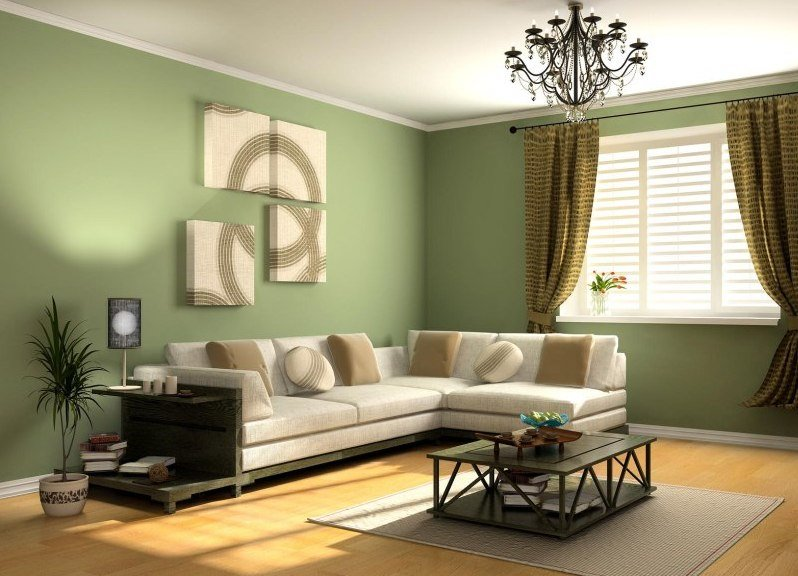 Фисташковые обои в гостинной