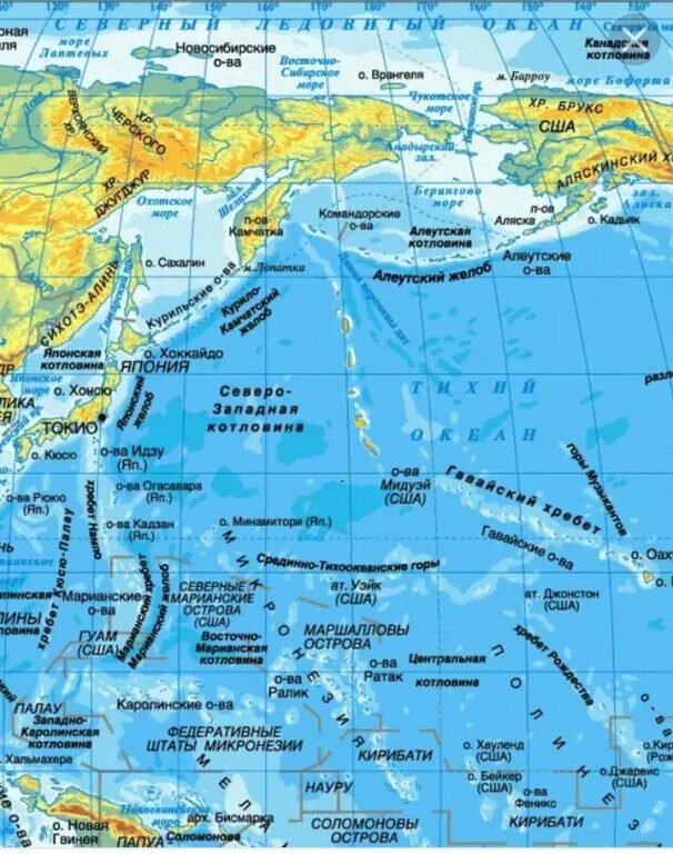 Карта северный тихий океан. Северная часть Тихого океана на карте. Карта Тихого океана с морями заливами и проливами. Моря заливы проливы острова полуострова на карте. Тихий океан на физической карте России.