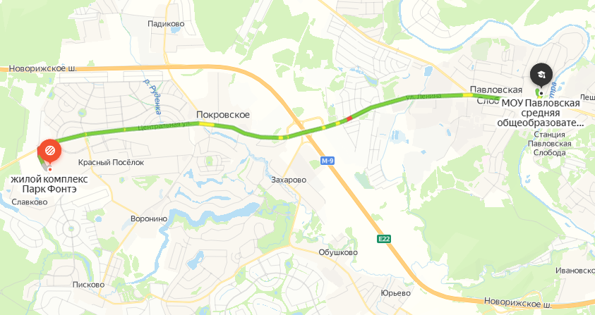 Например, до Павловской общеобразовательной школы можно доехать на автомобиле по прямой дороге за 13 минут