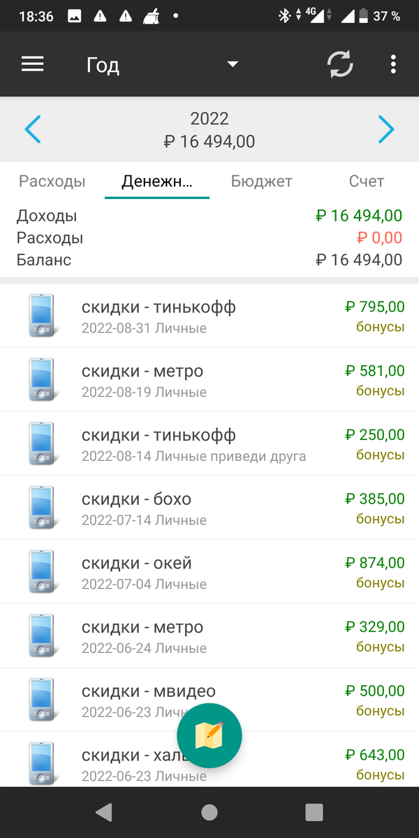 Пример фильтра полученных бонусов в этом году.