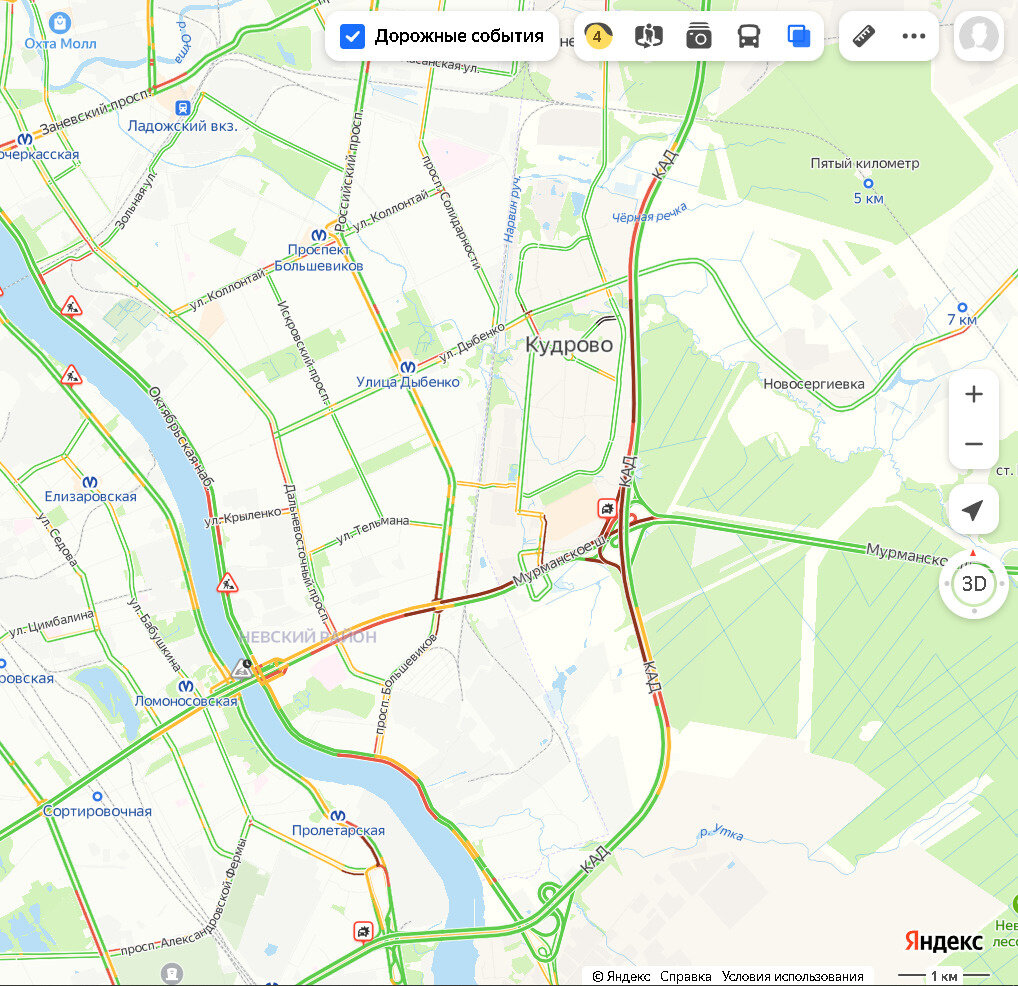 Дороги Петербурга днем 28 июля удивительно свободны, даже в центре  покраснели лишь несколько небольших участков. Читайте на 