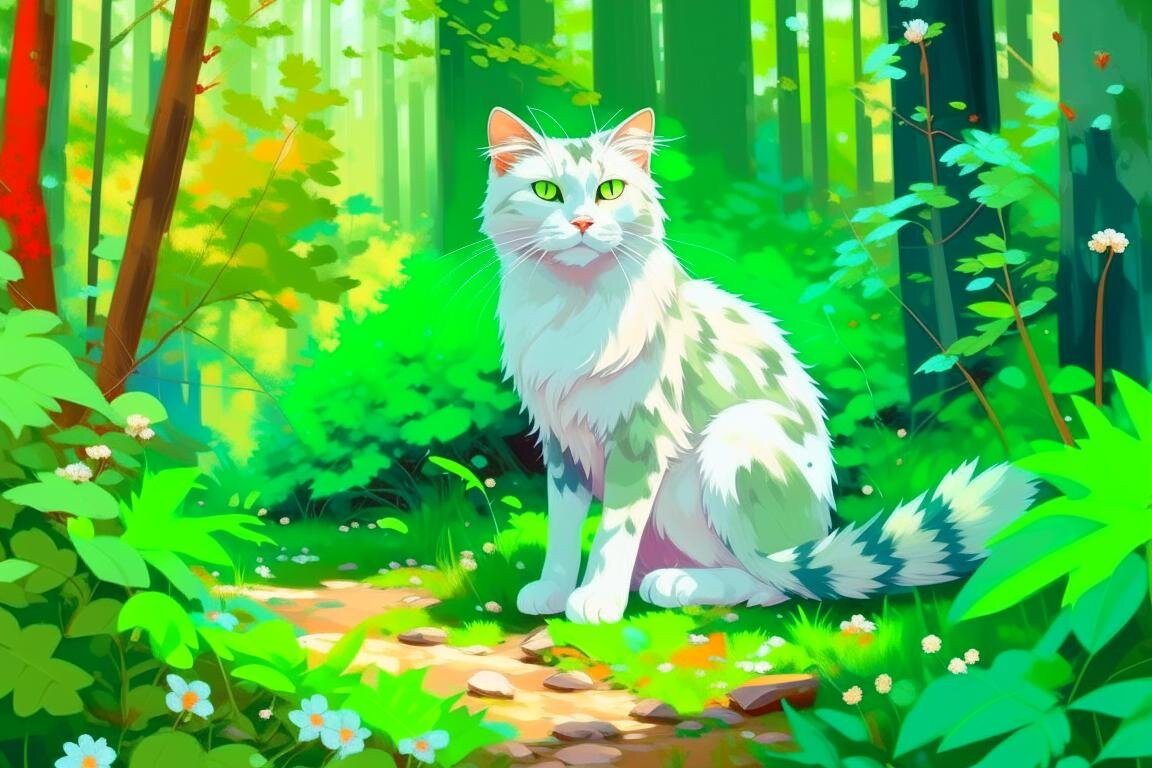 cat painting in the woods diy xl, in the style of light green and white, charming anime characters, pixelation, loose paint application, light white and light silver, charming sketches, loose handling of paint