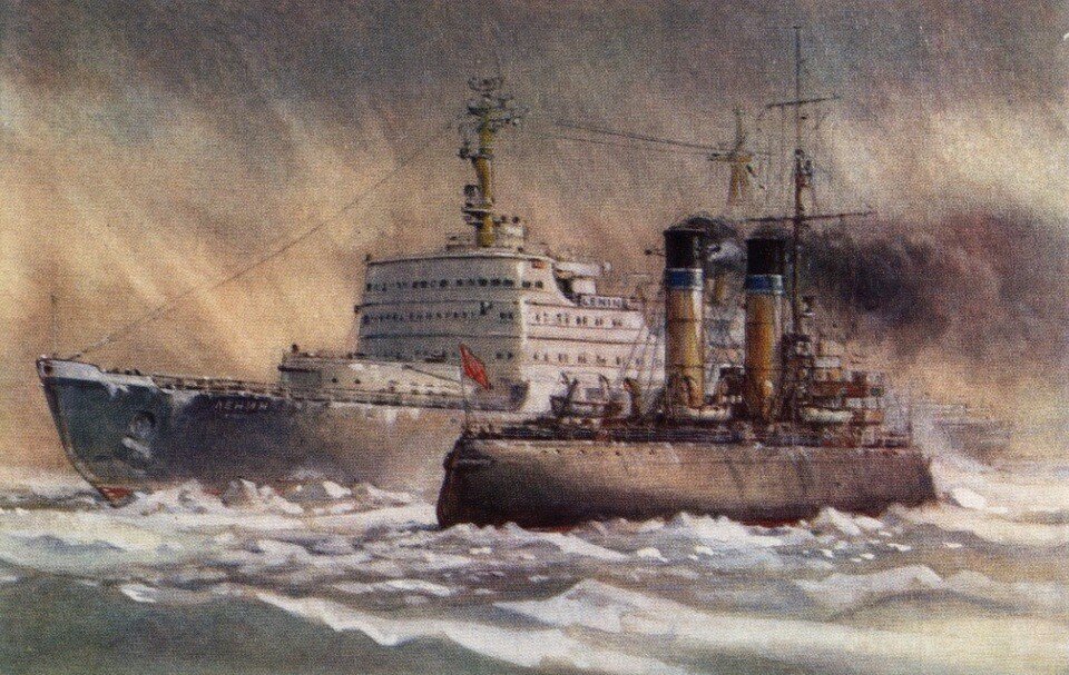Ледокол "Ермак" и атомный ледокол "Ленин". Рисунок Е. Войшвилло