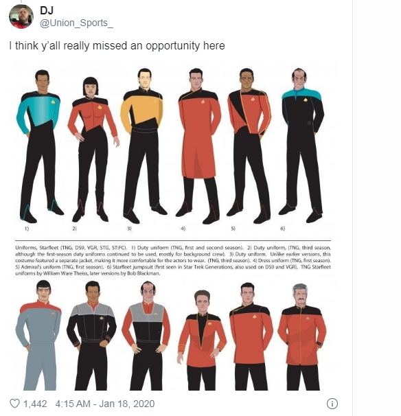 Форма экипажа из сериала Star Trek. Фото из аккаунта https://twitter.com/Union_Sports_)