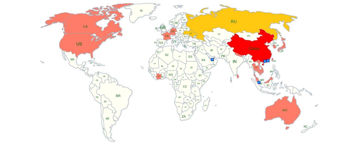 Страны заражённые коронавирусом 2019-nCoV, чем ярче цвет, тем больше заражённых в стране